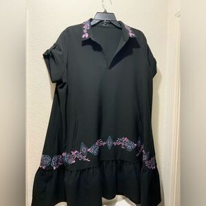 Ruti  large Embroidered women’s black dress  pockets 88% tencel 12% spandex